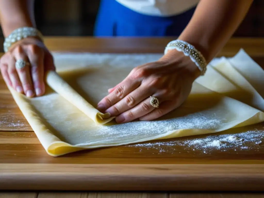 Manos expertas elaborando finas láminas de masa filo en una encimera de madera