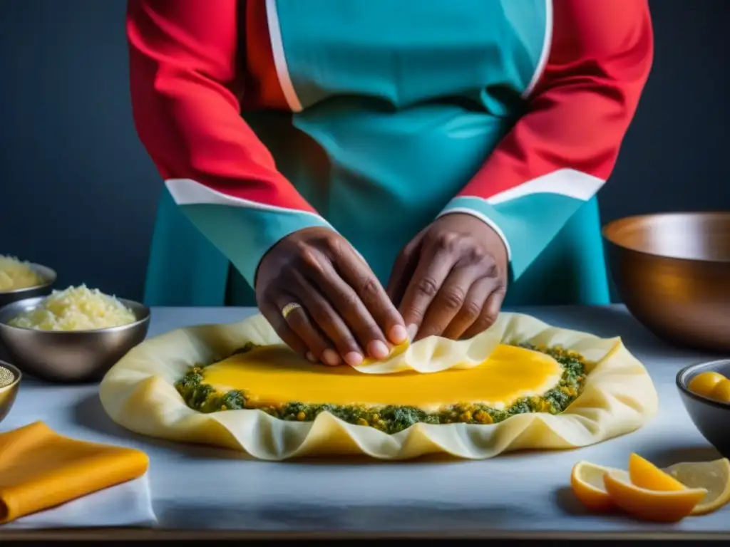 Manos expertas amasan fino hojaldre para bobotie sudafricano, reflejando recetas históricas apartheid cocina comunidades