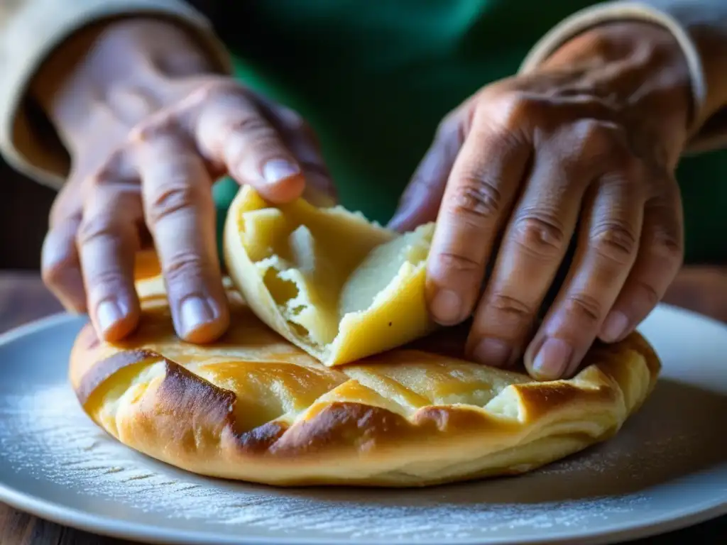 Unas manos expertas dan forma a una torta frita Patagónica en una cocina rústica