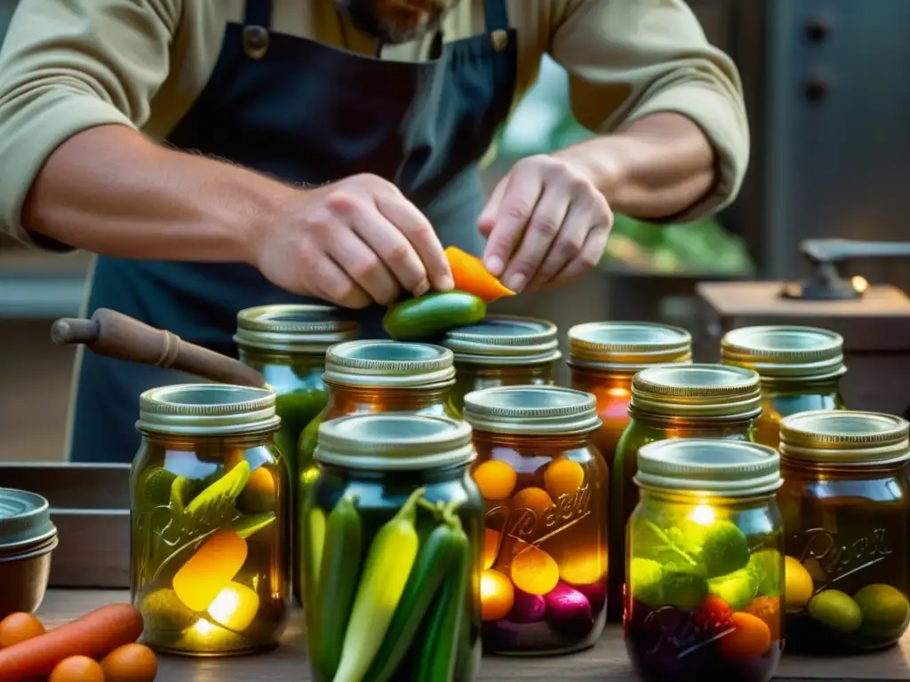 Manos expertas sellando frascos de conserva en fábrica vintage bajo luz tenue