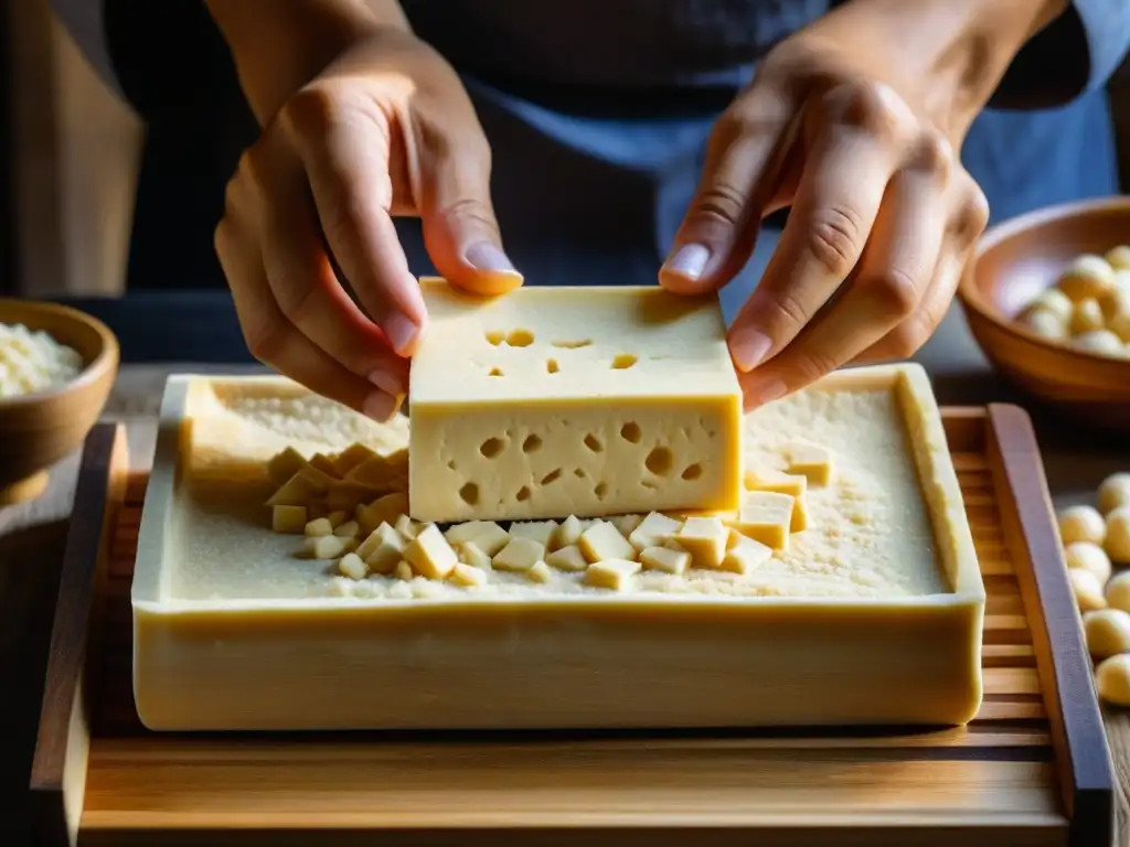 Unas manos expertas moldean suavemente tofu fresco en un molde de madera, revelando la relevancia cultural de esta tradición