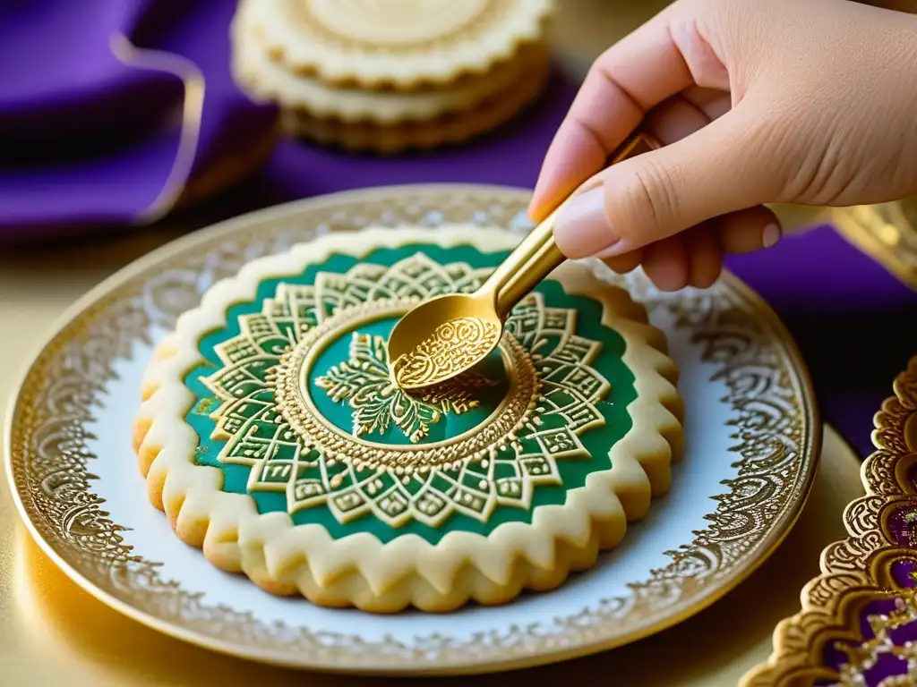 Manos expertas decorando galletas de Eid alFitr con diseños tradicionales y coloridos