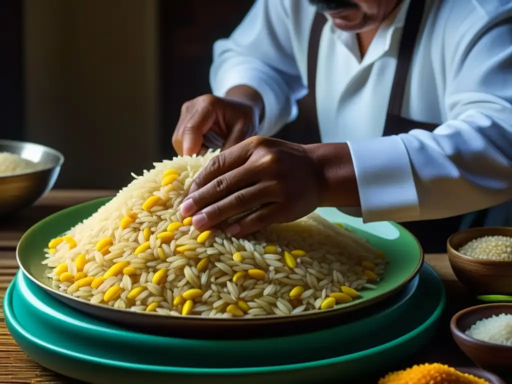 Manos expertas seleccionando granos de arroz para arroz Congrí, transmitiendo cuidado y tradición culinaria