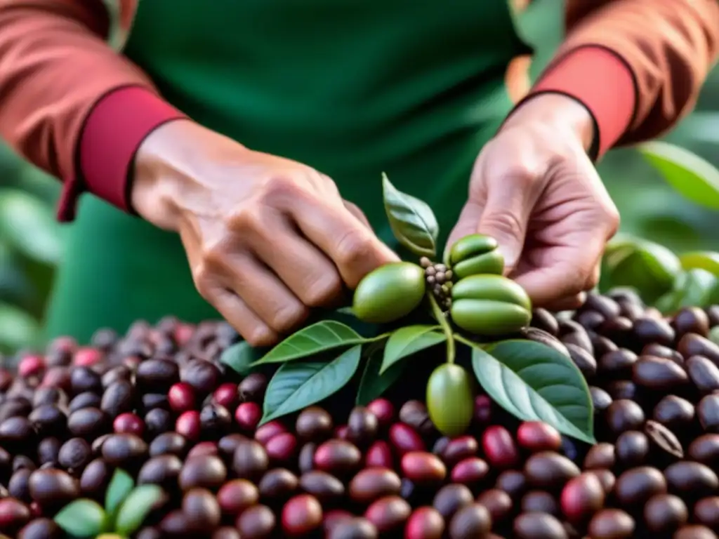 Manos expertas recolectan granos de café maduros en una plantación brasileña bajo el sol, resaltando la meticulosidad del café brasileño en América