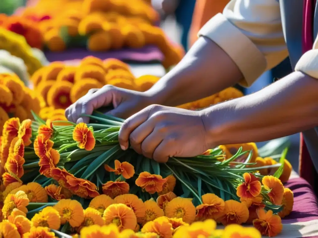 Manos expertas tejen guirnaldas de caléndulas para el significado cultural de la fiesta Baisakhi