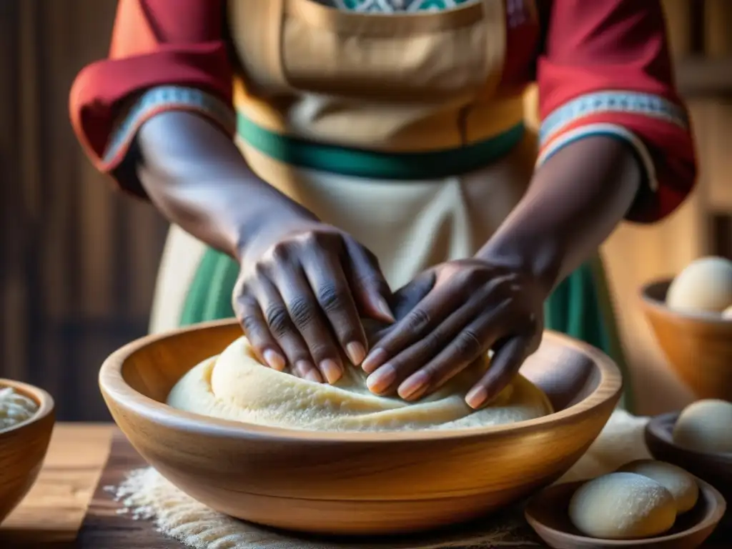 Manos expertas en fermentación en África historia amasando masa de granos locales en cuenco de madera tradicional