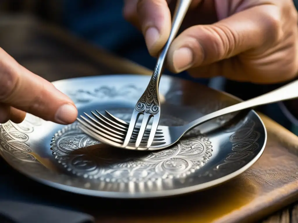 Manos expertas restauran réplica histórica de tenedor de plata, reflejando dedicación y belleza atemporal