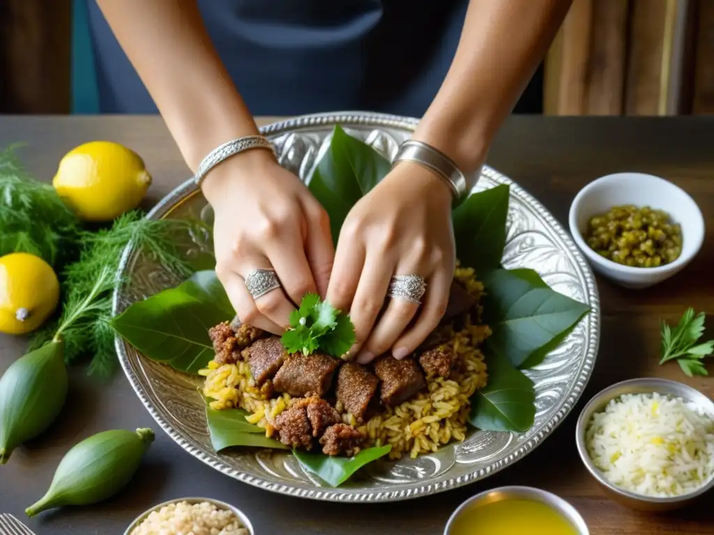 Manos expertas envuelven una hoja de parra alrededor de sarma turco, mostrando la receta tradicional