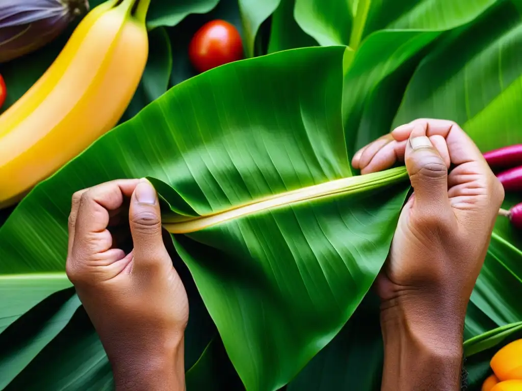 Manos expertas envuelven en hoja de plátano vibrantes ingredientes, resaltando la tradición y arte del uso de hojas para conservar alimentos