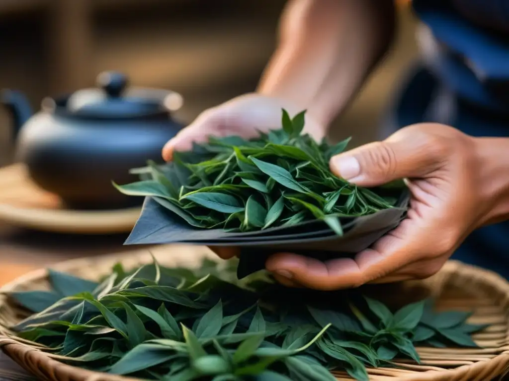 Artesanía del té Lapsang Souchong: hojas enrolladas a mano Manos expertas enrollan hojas de té Lapsang Souchong, resaltando la artesanía detrás de esta variedad
