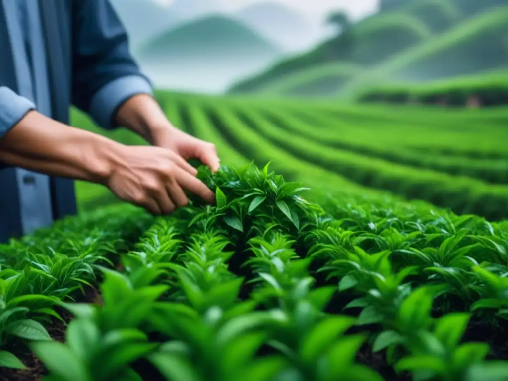 Planta de té en China: cosecha artesanal de hojas frescas Manos expertas cosechando hojas de té en plantación china