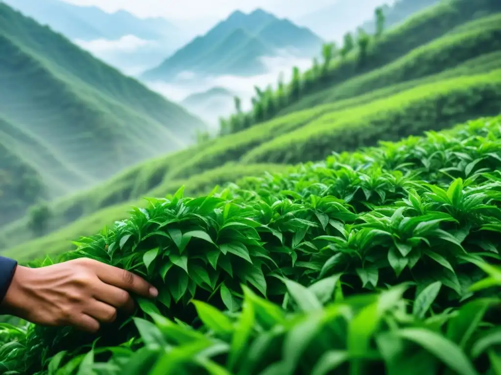 Manos expertas cosechando hojas de té en la montaña, resaltando la historia del té en China