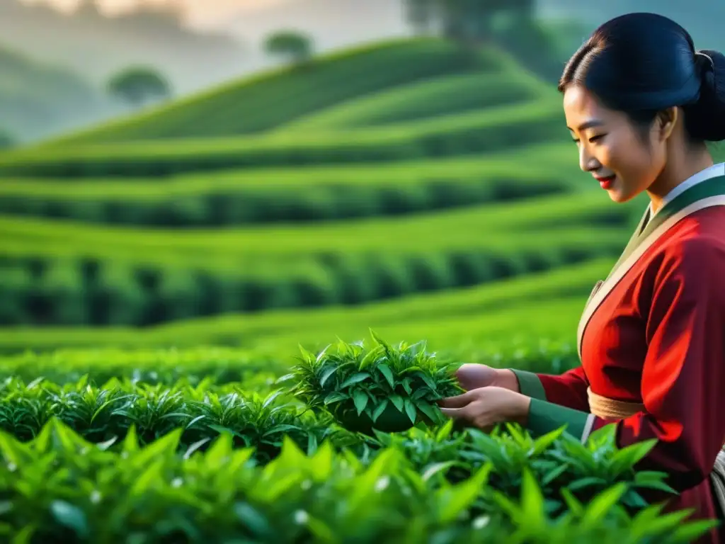 Manos expertas recogen hojas de té en plantación bajo el sol matutino