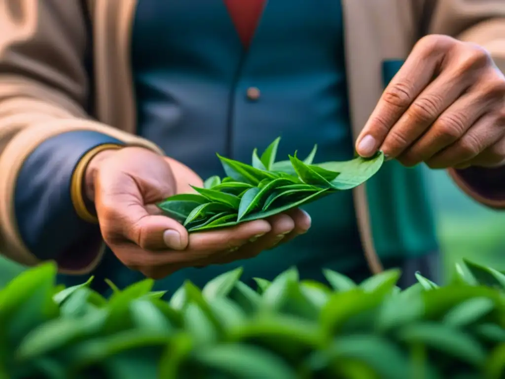 Manos expertas cosechan hojas de té en plantación verde y montañas brumosas