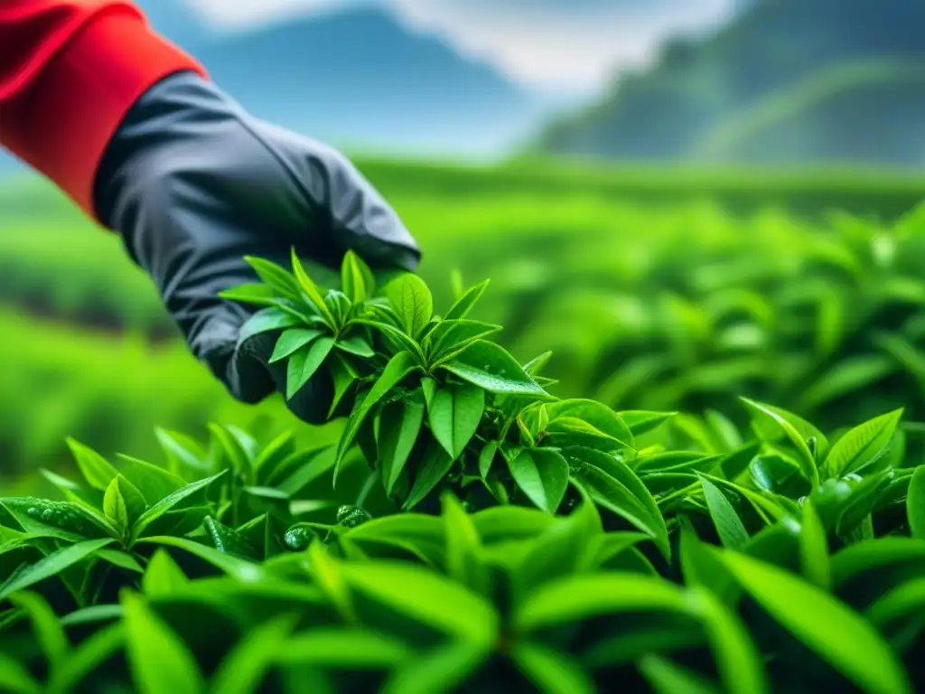 Manos expertas cosechan hojas de té verde en plantación soleada de América del Sur, mostrando la historia de la revolución del té