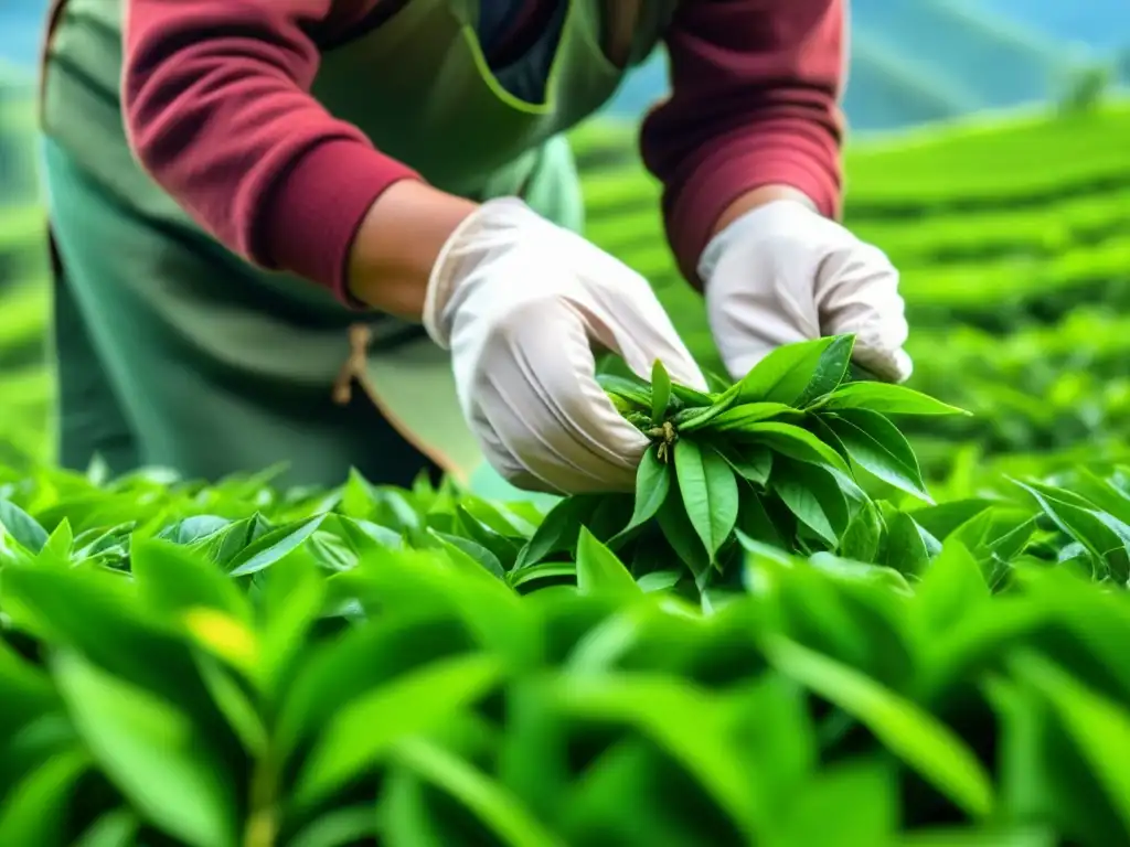 Manos expertas recolectando hojas de té verde en plantación de Darjeeling, India, mostrando la historia del té en Asia