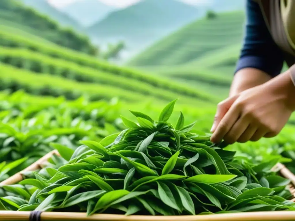 Manos expertas recogen hojas de té verde en plantación china con montañas de fondo y cestas de té, transmitiendo la historia del té en China