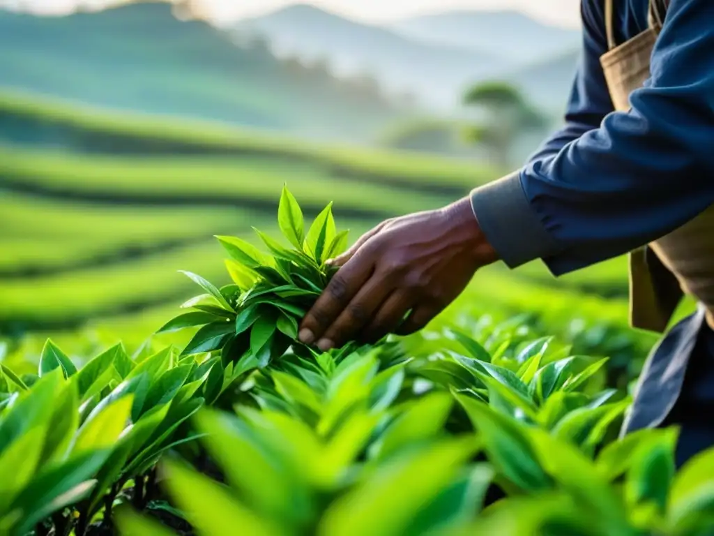 Manos expertas recolectando hojas de té verde en plantación sostenible al amanecer