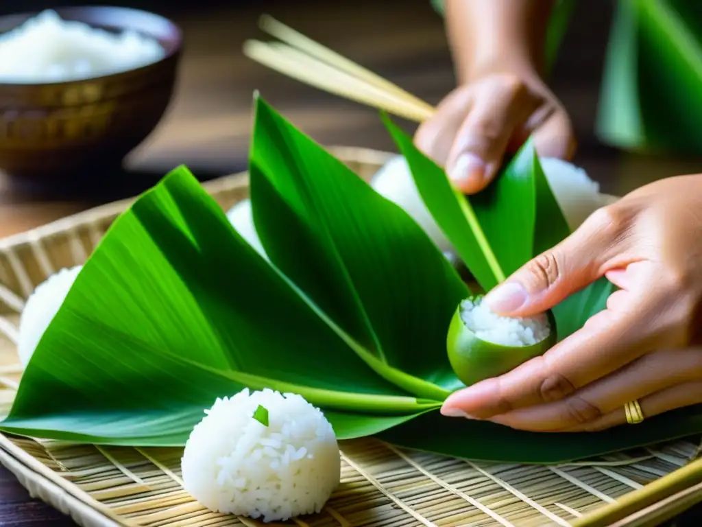 Manos expertas enrollan hojas verdes de pandan alrededor de bolas de arroz glutinoso, resaltando la tradición culinaria del sudeste asiático