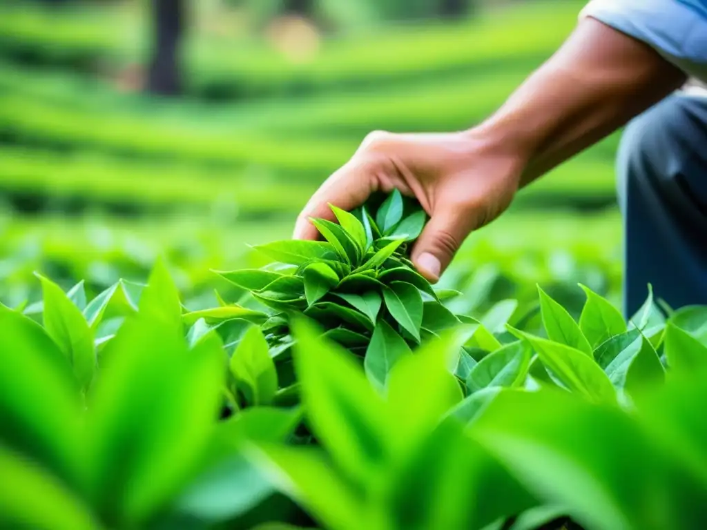 Manos expertas recolectan hojas verdes de té en plantación soleada, destacando innovaciones en producción y comercialización del té