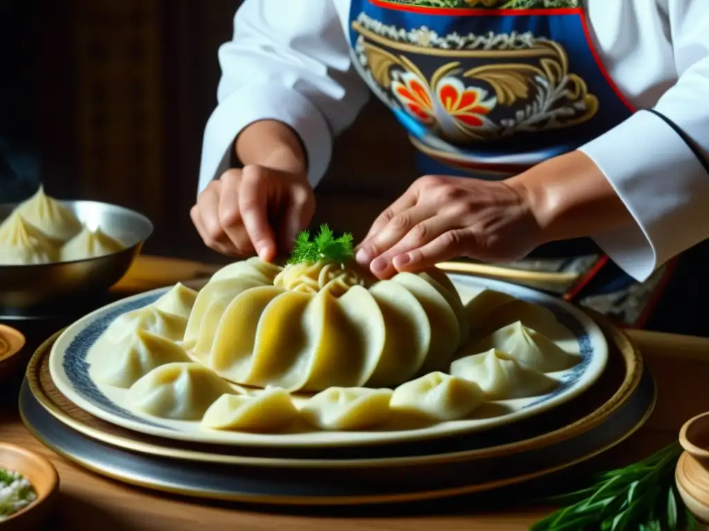 Manos expertas moldeando dumplings, fusionando la influencia mongola en la cocina rusa