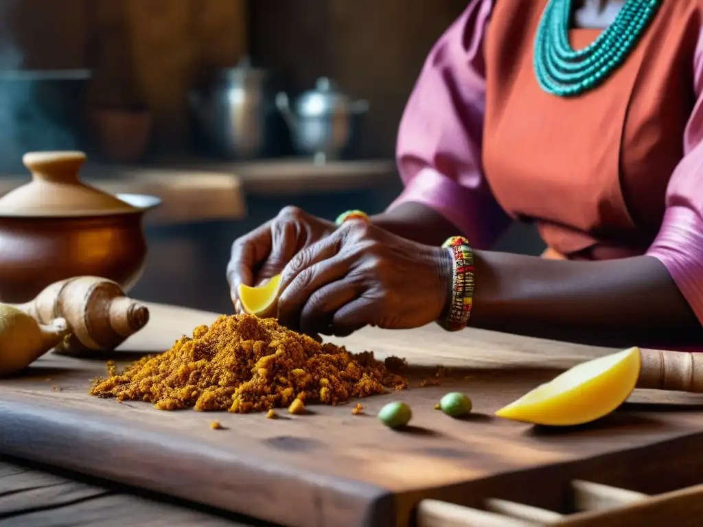 Manos expertas pelando jengibre fresco, en escena tradicional africana