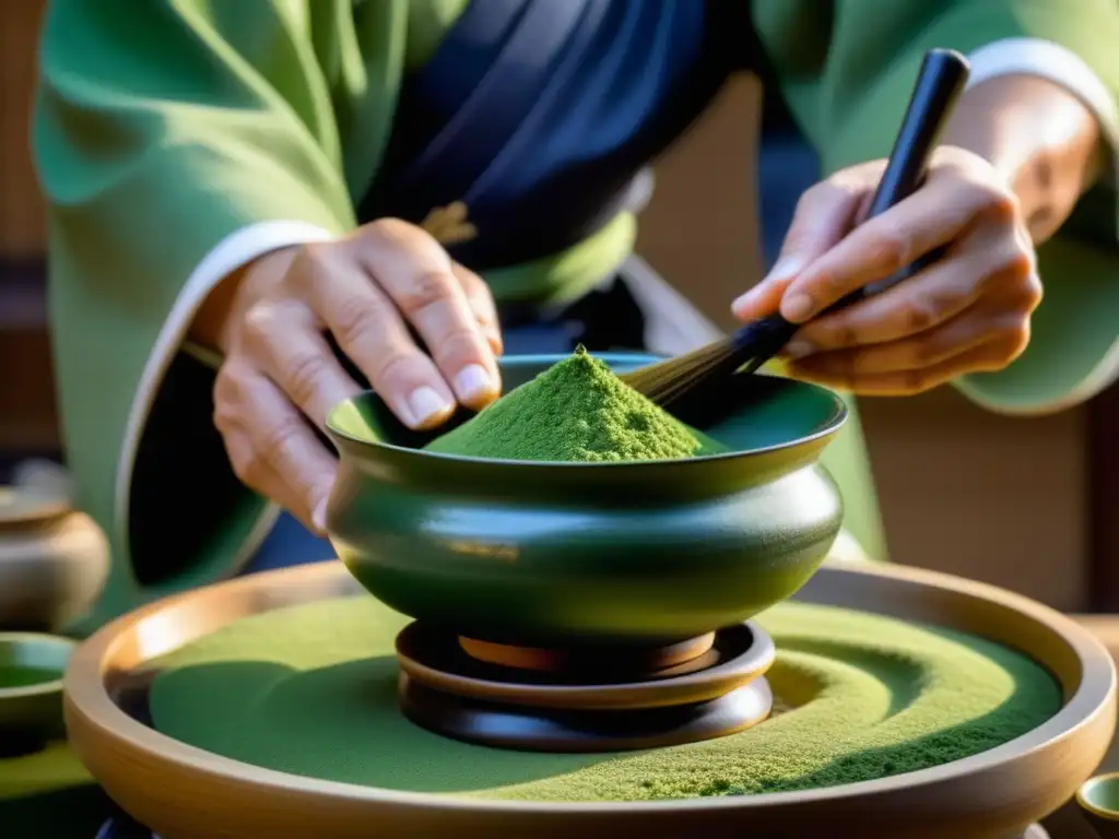 Las manos expertas de un maestro en una ceremonia japonesa de té, preparando matcha con elegancia y espiritualidad