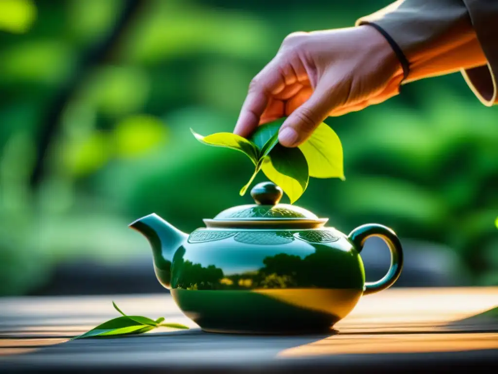 Las manos expertas de un maestro de té chino colocan una hoja verde en una tetera cerámica, en un jardín de té sereno