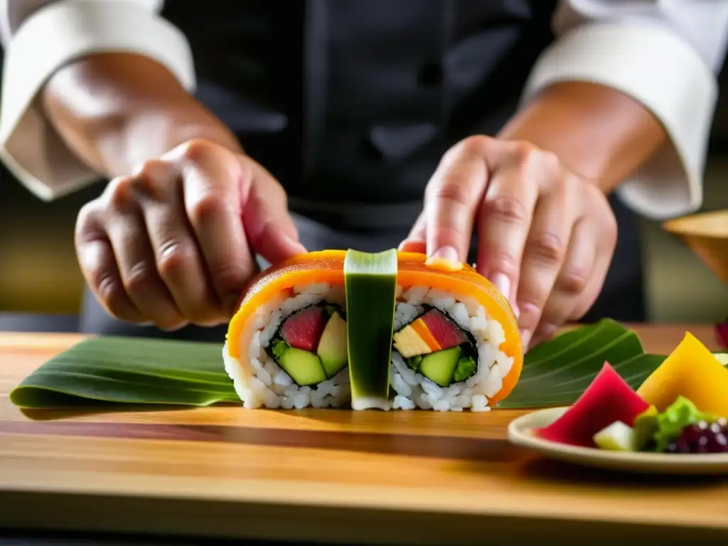 Manos expertas preparando un maki criollo, fusionando ingredientes peruanos y japoneses