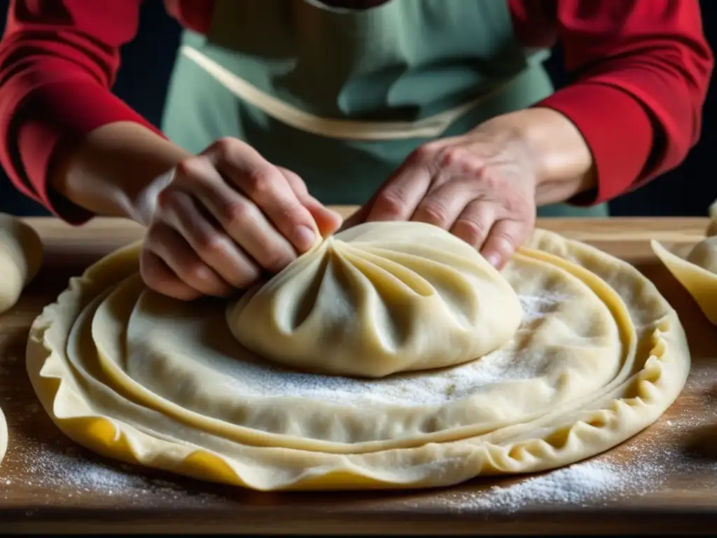 Manos expertas preparando masa para dumplings en la cocina de Europa del Este durante la Guerra Fría