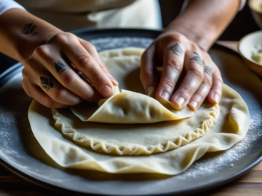 Unas manos expertas amasan masa para dumplings en la cocina de Europa del Este durante la Guerra Fría, mostrando destreza y creatividad