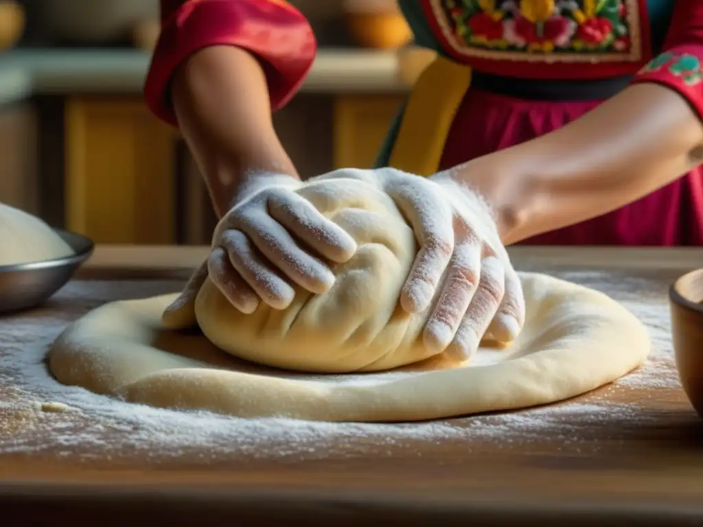 Manos expertas amasan masa con detalle en cocina tradicional