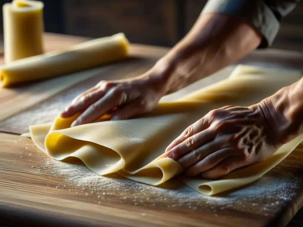 Unas manos expertas trabajan la masa fina para pasta casera, iluminadas con suave luz natural