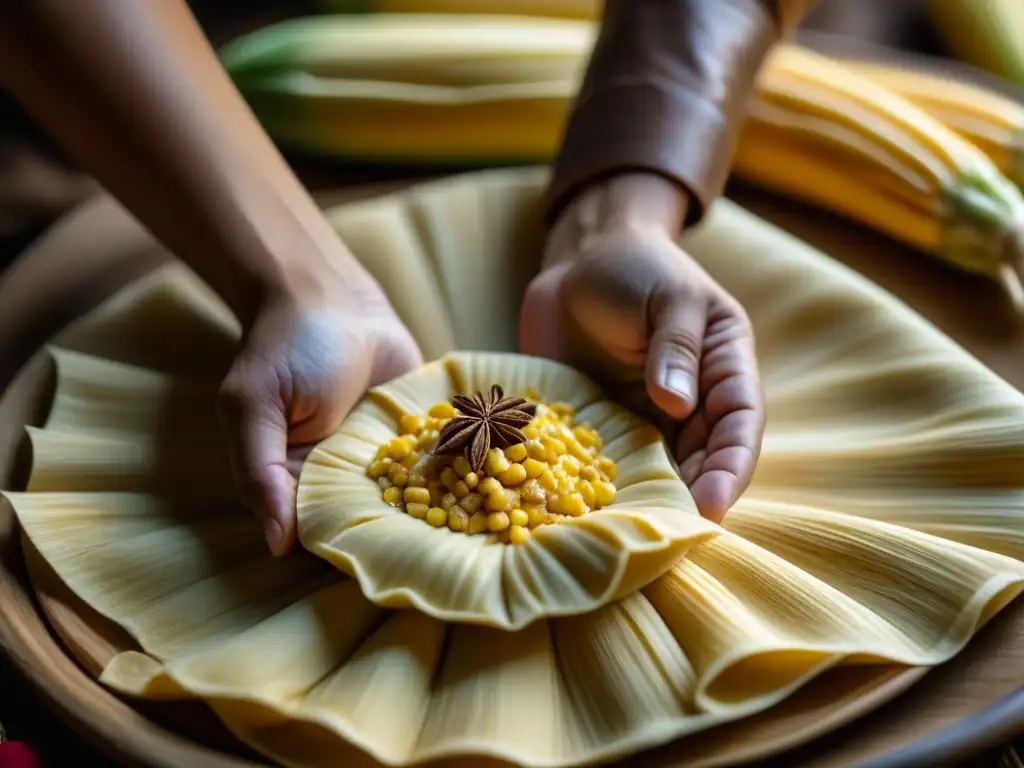 Arte culinario: manos expertas creando tamales tradicionales Unas manos expertas esparciendo masa en hoja de maíz, en una representación detallada de la elaboración de tamales, con toques de maíz y especias