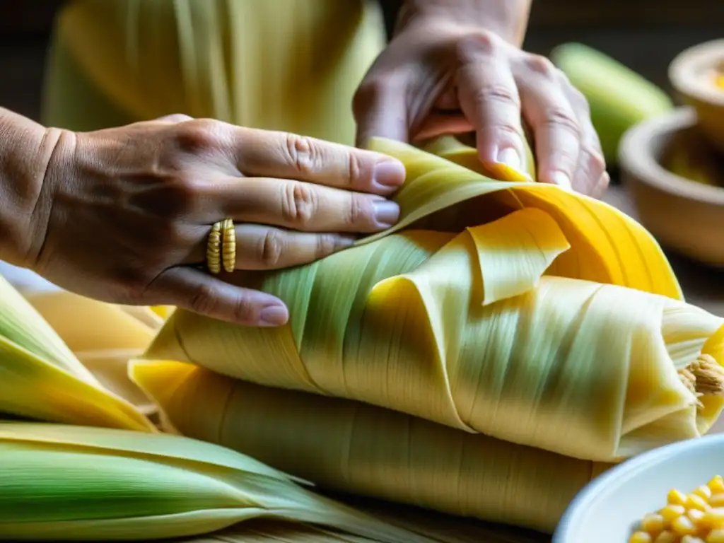 Arte ancestral: manos expertas preparando tamales Unas manos expertas esparciendo masa en hojas de maíz, revelando la técnica tradicional de hacer tamales en una tamalada familiar