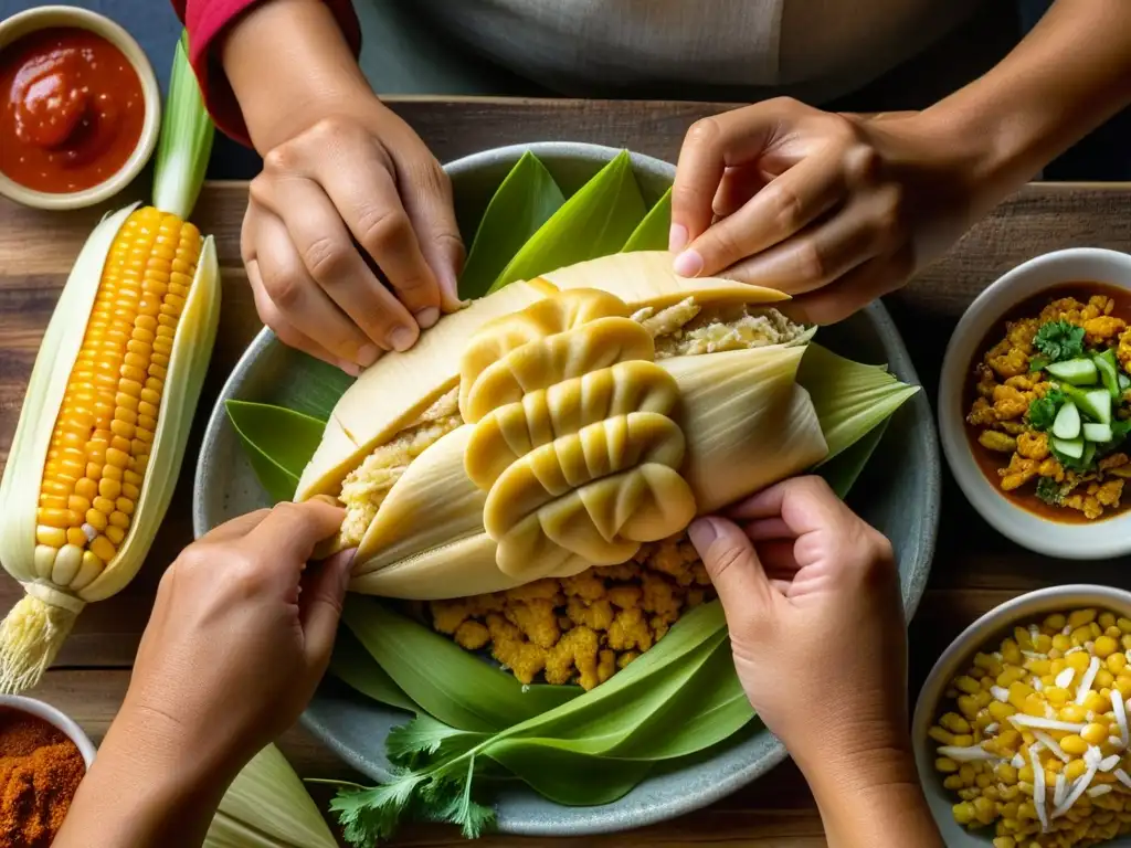Maestría en la preparación de tamales: Detalle de manos expertas en la masa Unas manos expertas extienden masa sobre hojas de maíz, rodeadas de ingredientes para hacer tamales