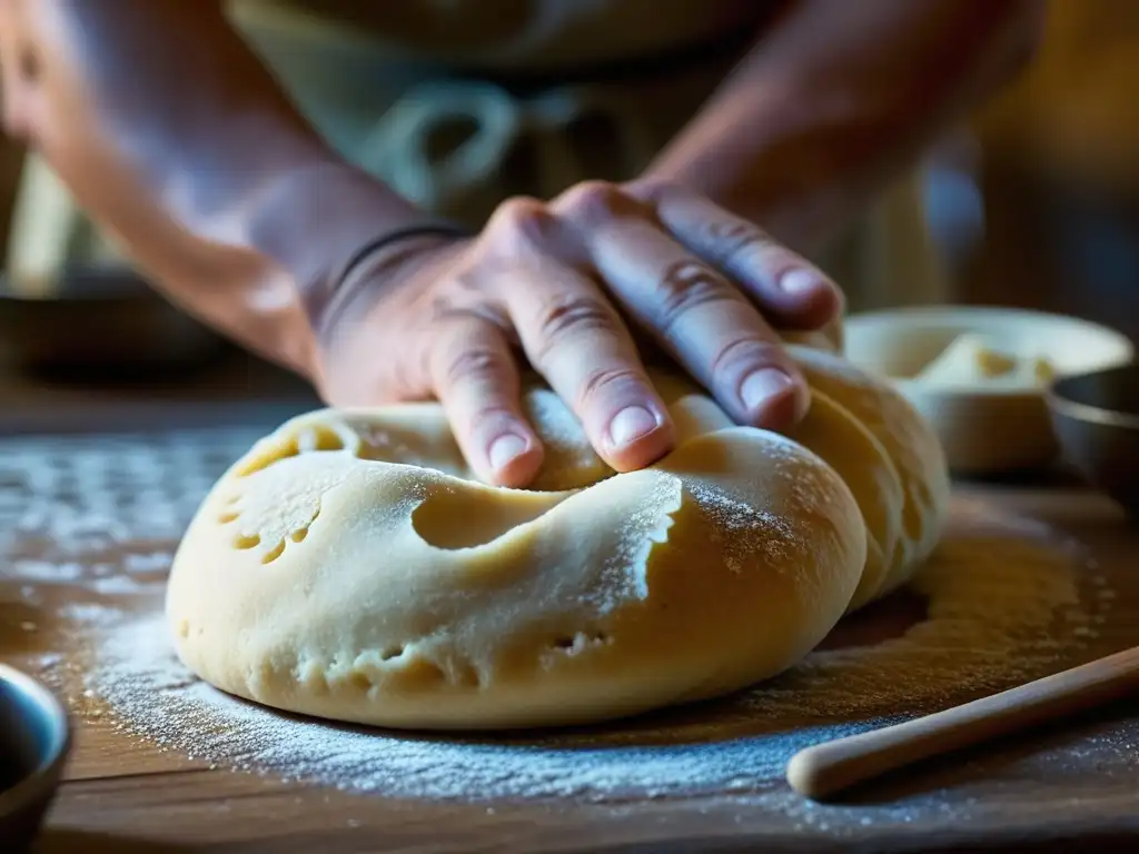 Manos expertas amasan masa, revelando influencias históricas en la cocina moderna de la Ruta de la Seda