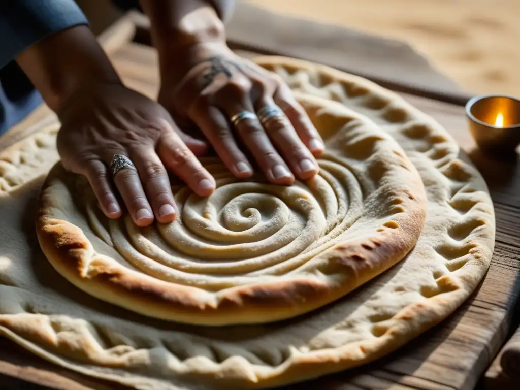 Unas manos expertas amasan masa sobre madera, creando pan plano tradicional