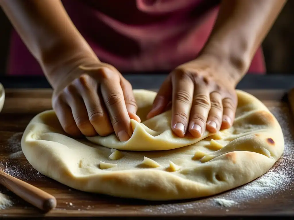 Manos expertas estirando masa de naan para hornear