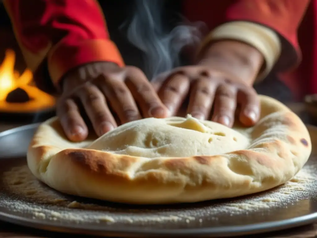 Manos expertas estirando masa de naan frente a horno tandoor