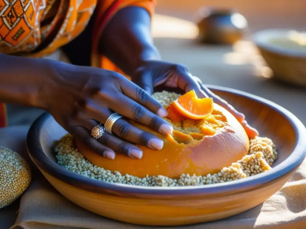 Manos expertas amasan masa naranja entre granos de mijo y fruta de baobab