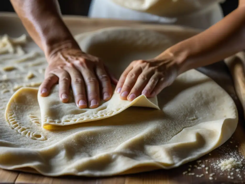 Unas manos expertas estiran delicadamente masa de pan lavash, mostrando su textura y el significado cultural del pan Lavash