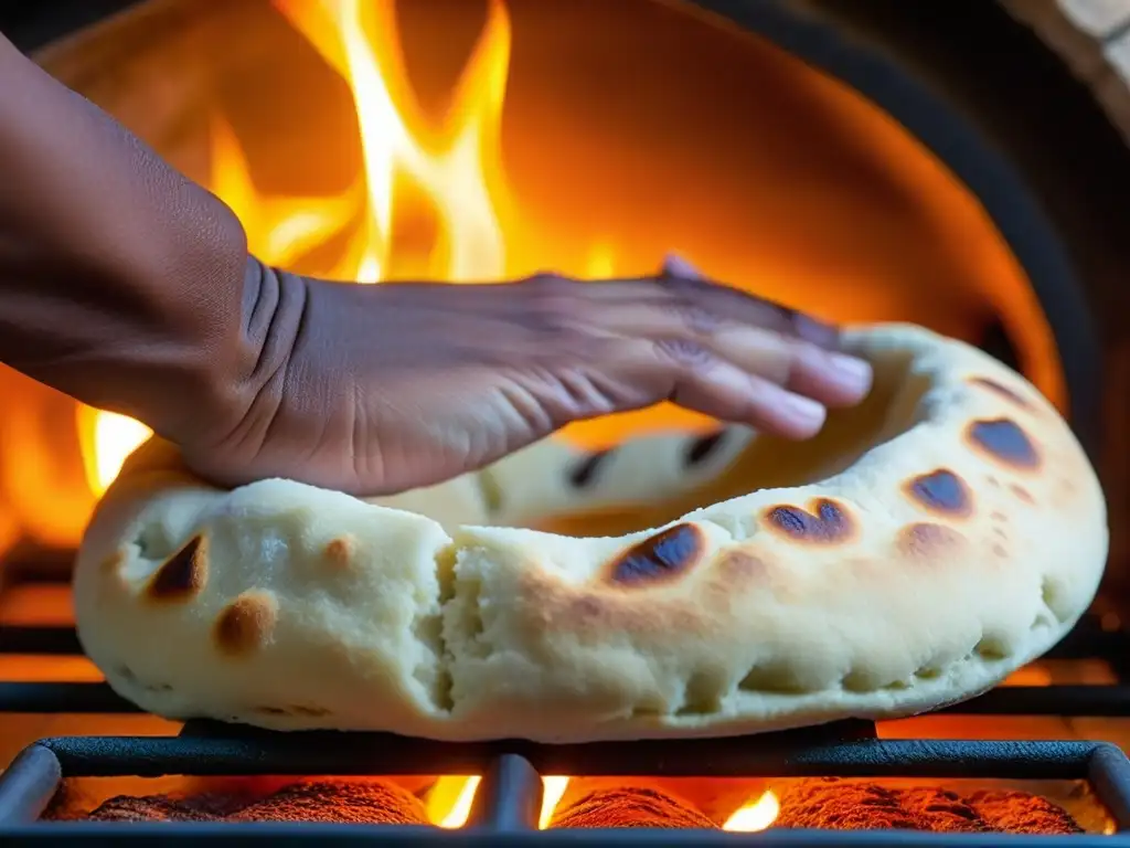 Manos expertas estiran masa de pan naan en horno tandoor