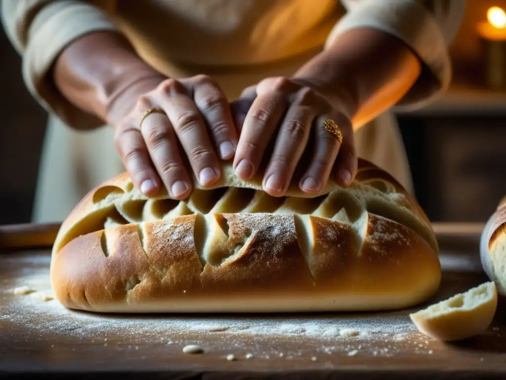 Unas manos expertas moldeando masa en una panadería romana, resaltando la importancia del Panis en Roma