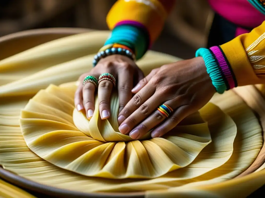 Unas manos expertas preparan masa en un proceso ancestral de evolución tamales cocina prehispánica, con detalles y texturas impresionantes