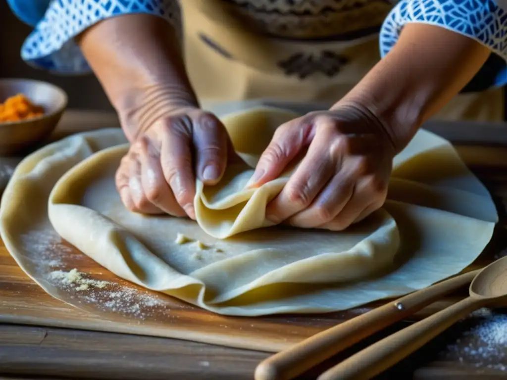 Manos expertas amasando masa para dumplings, evocando recetas tradicionales Europa del Este