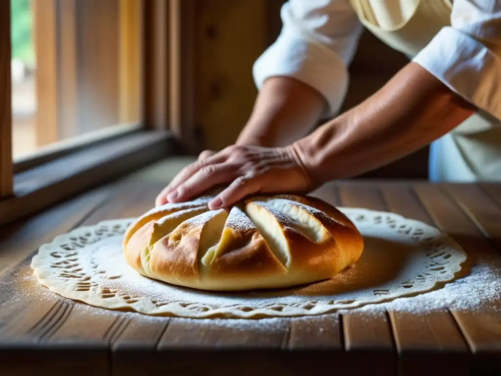 Manos expertas amasan masa para strudel en la Patagonia, con textura y luz cálida