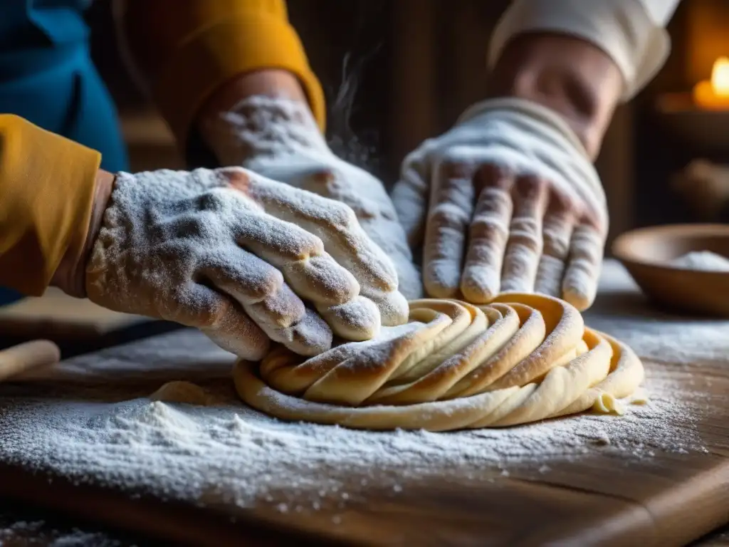 Manos expertas amasan masa en una superficie de madera con harina, mostrando servidumbres en la cocina histórica