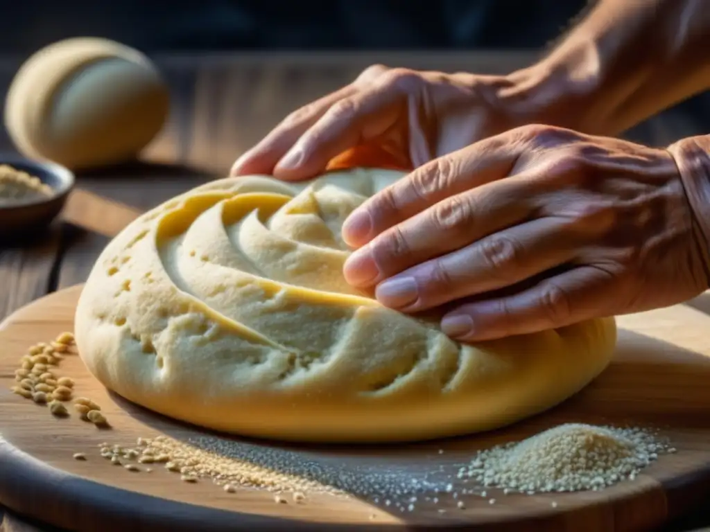 Manos expertas moldeando masa de mijo en una tabla de madera, resaltando la cocina Saheliana: recetas históricas