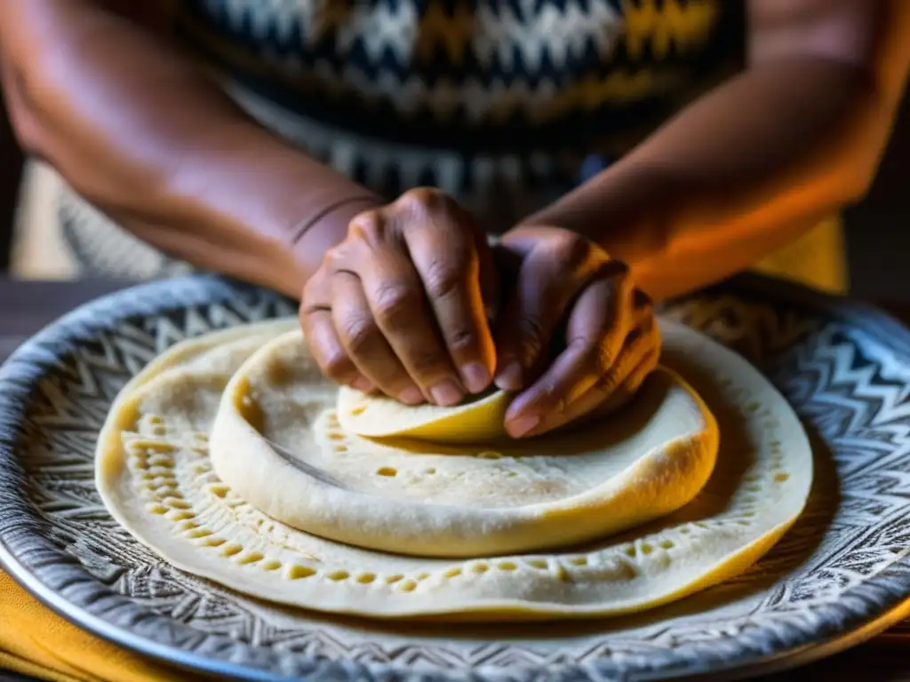 Manos expertas moldeando masa de maíz en tortilla, resaltando la importancia cultural de las tortillas de maíz en la cocina azteca